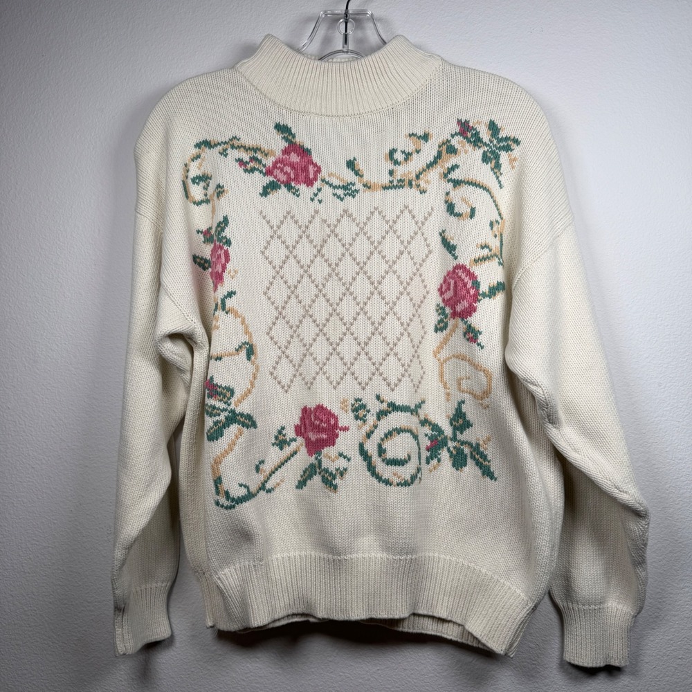 Vintage Eddie Bauer Floral Rose Cotton Knit Sweater Cream Large Grandma Core